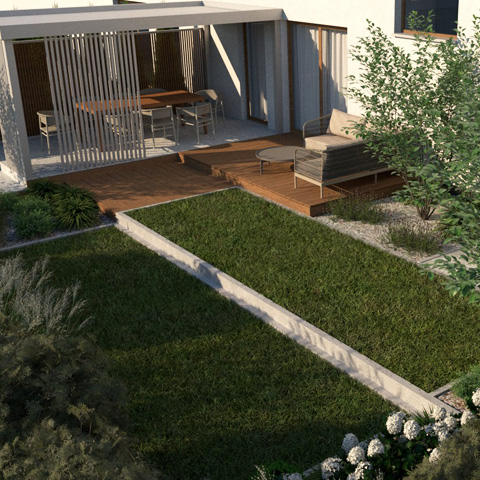 Projekt małego ogrodu w zabudowie szeregowej.