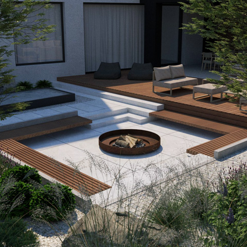 Projekt nowoczesnego ogrodu w Warszawie z paleniskiem w obniżeniu terenu.