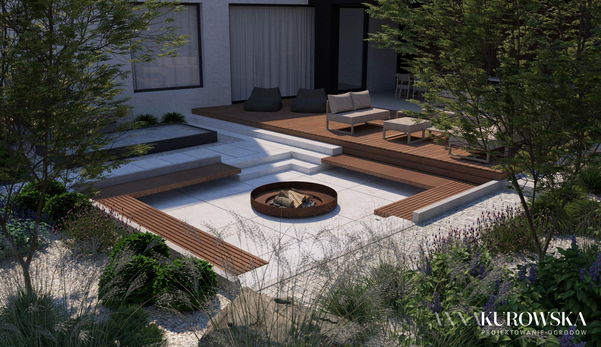 Ogród z paleniskiem w zagłębieniu terenu