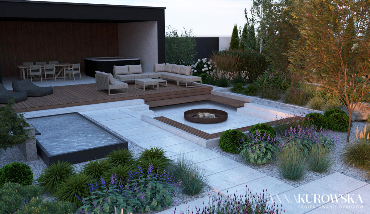 Ogród z paleniskiem w zagłębieniu terenu