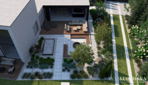 Ogród z paleniskiem w zagłębieniu terenu