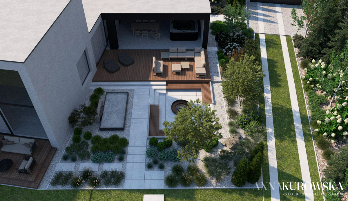 Ogród z paleniskiem w zagłębieniu terenu