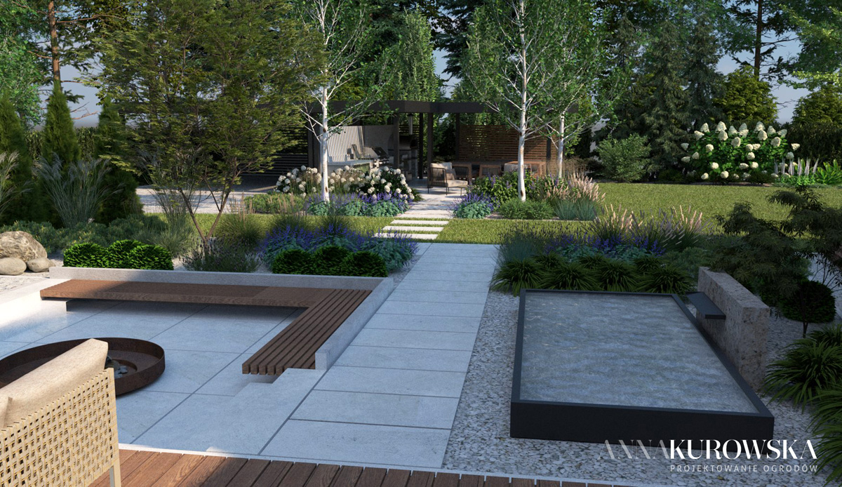 Ogród z paleniskiem w zagłębieniu terenu