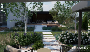 Ogród z paleniskiem w zagłębieniu terenu