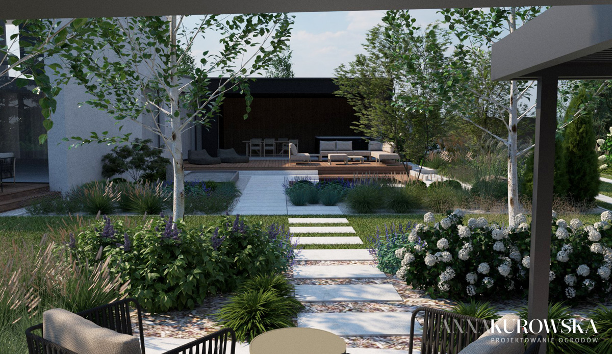 Ogród z paleniskiem w zagłębieniu terenu