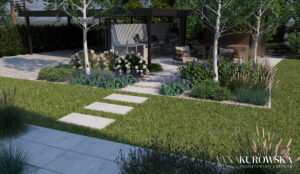 Ogród z paleniskiem w zagłębieniu terenu