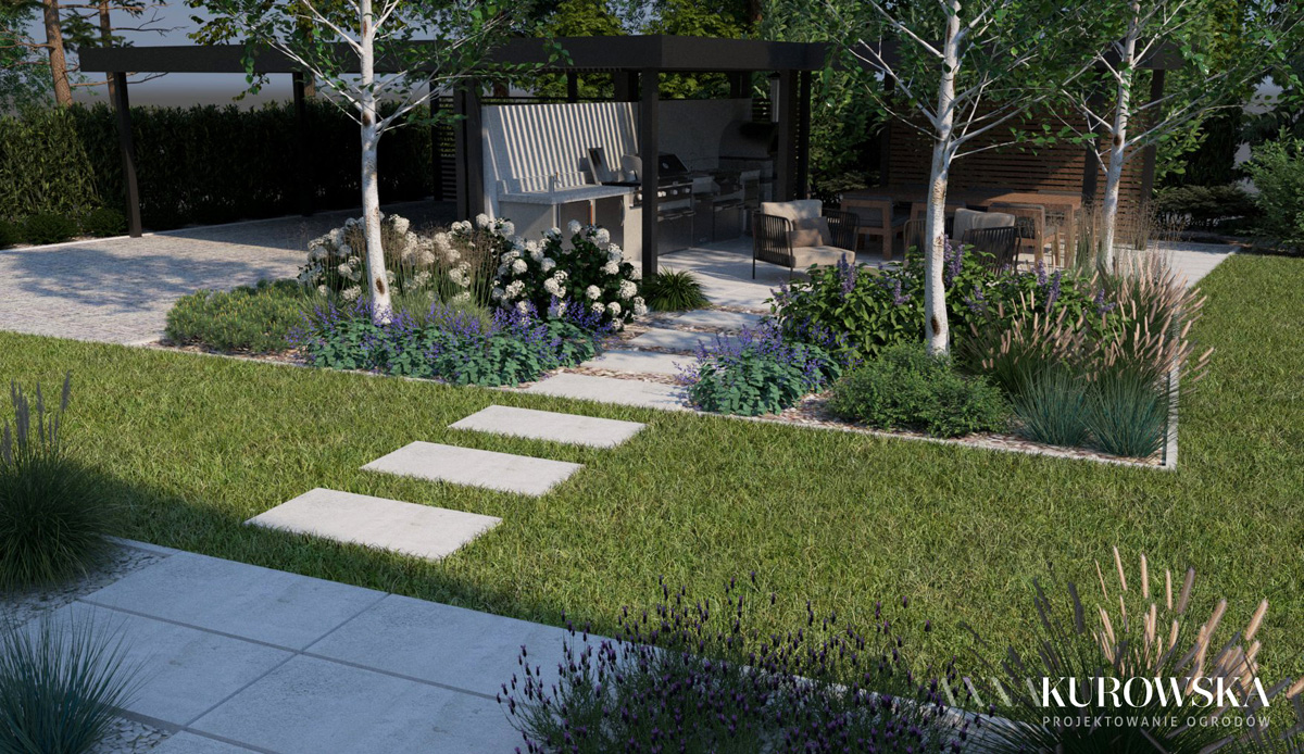 Ogród z paleniskiem w zagłębieniu terenu