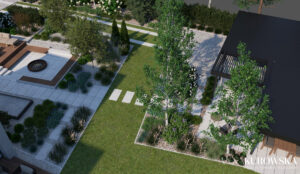 Ogród z paleniskiem w zagłębieniu terenu