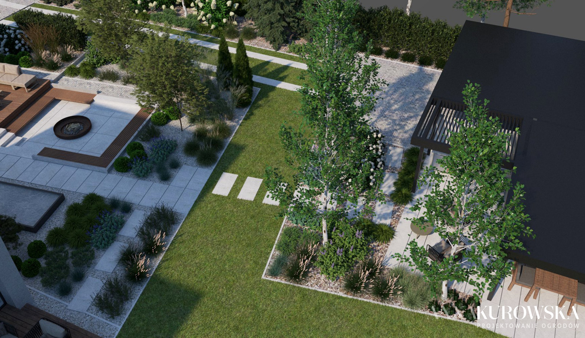 Ogród z paleniskiem w zagłębieniu terenu