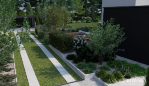 Ogród z paleniskiem w zagłębieniu terenu