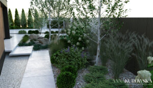 Ogród z paleniskiem w zagłębieniu terenu