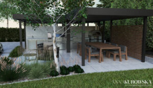 Ogród z paleniskiem w zagłębieniu terenu