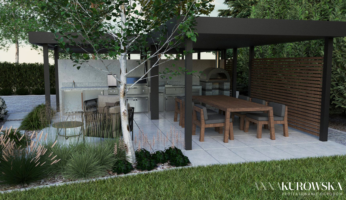 Ogród z paleniskiem w zagłębieniu terenu