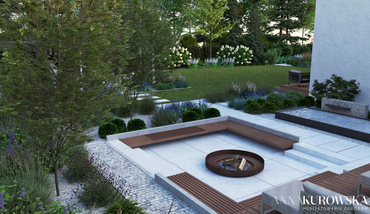 Ogród z paleniskiem w zagłębieniu terenu