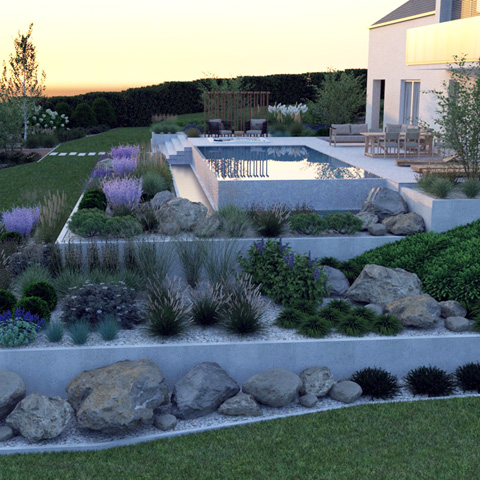 Projekt ogrodu na górskim zboczu.