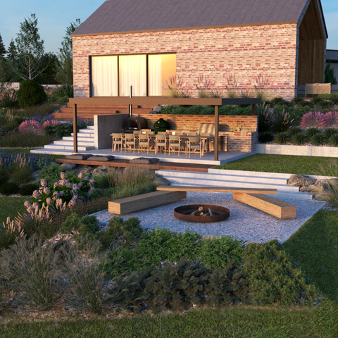 Projekt ogrodu na działce ze spadkiem terenu.