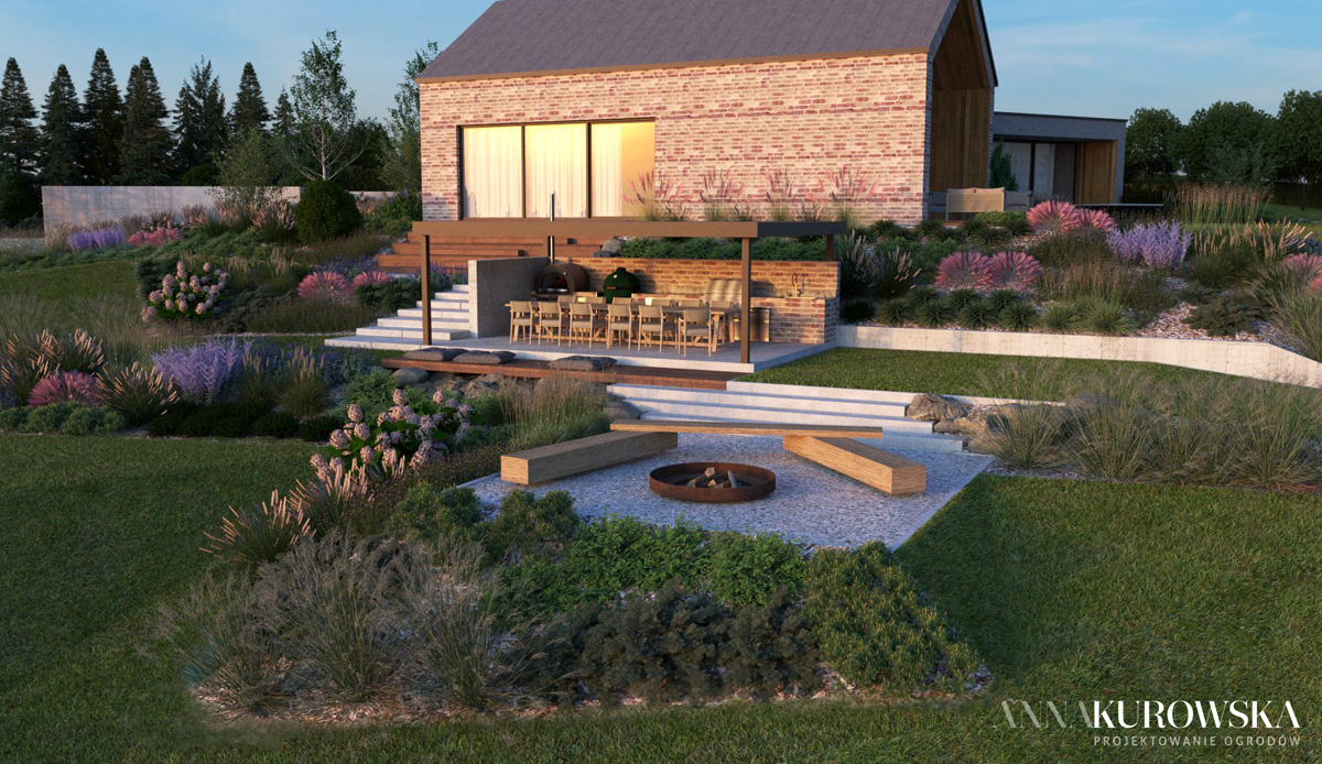 Projekt ogrodu na skarpie przy domku wakacyjnym na Mazurach