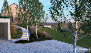 Projekt ogrodu na skarpie przy domku wakacyjnym na Mazurach