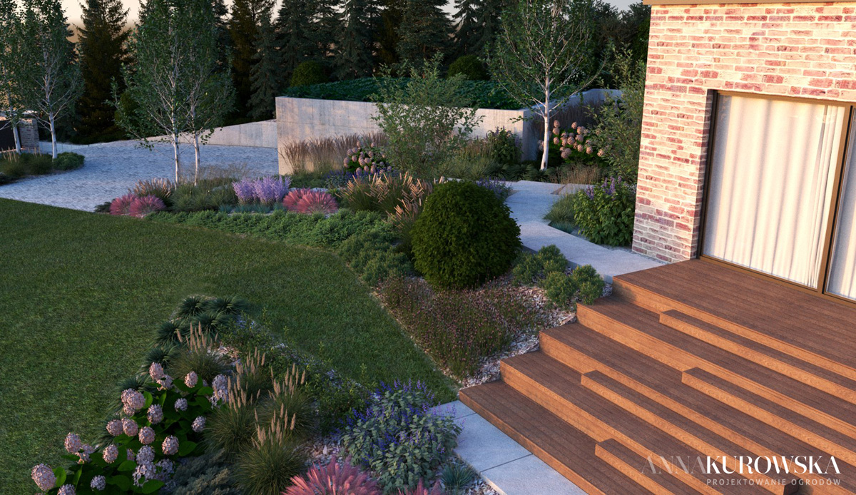 Projekt ogrodu na skarpie przy domku wakacyjnym na Mazurach
