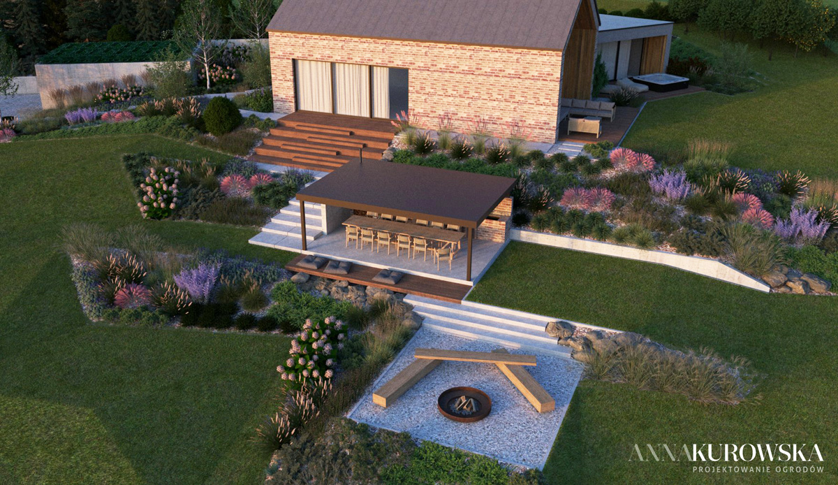 Projekt ogrodu na skarpie przy domku wakacyjnym na Mazurach
