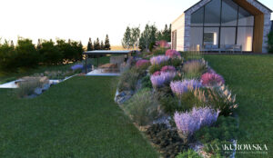 Projekt ogrodu na skarpie przy domku wakacyjnym na Mazurach