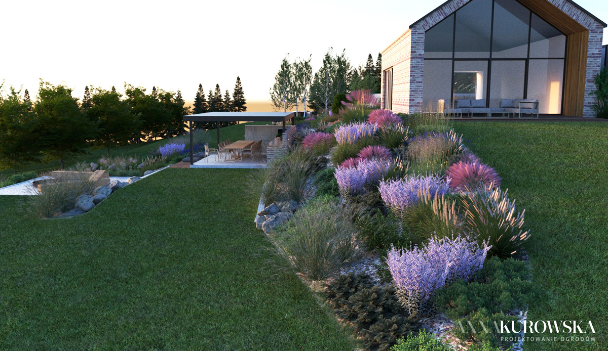 Projekt ogrodu na skarpie przy domku wakacyjnym na Mazurach