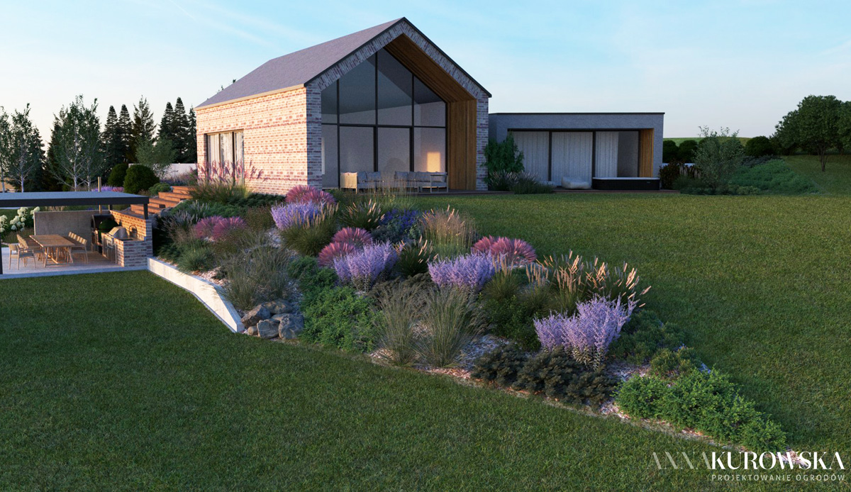 Projekt ogrodu na skarpie przy domku wakacyjnym na Mazurach