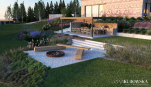 Projekt ogrodu na skarpie przy domku wakacyjnym na Mazurach