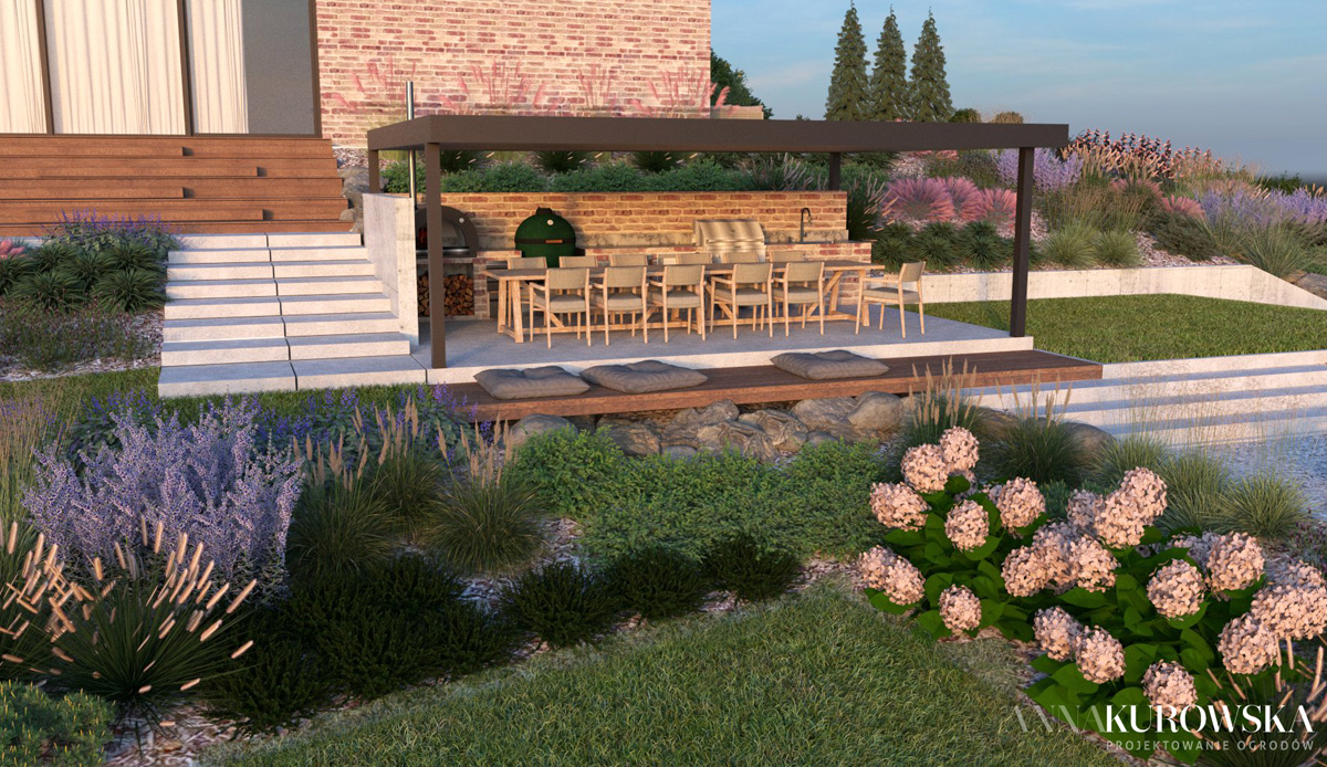Projekt ogrodu na skarpie przy domku wakacyjnym na Mazurach