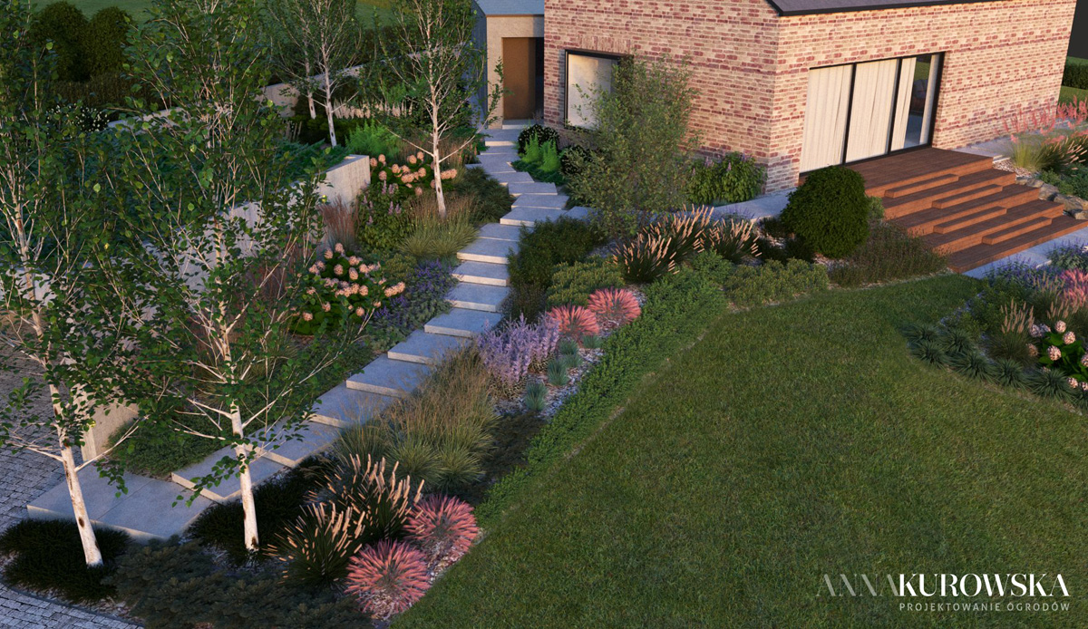 Projekt ogrodu na skarpie przy domku wakacyjnym na Mazurach