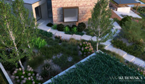 Projekt ogrodu na skarpie przy domku wakacyjnym na Mazurach
