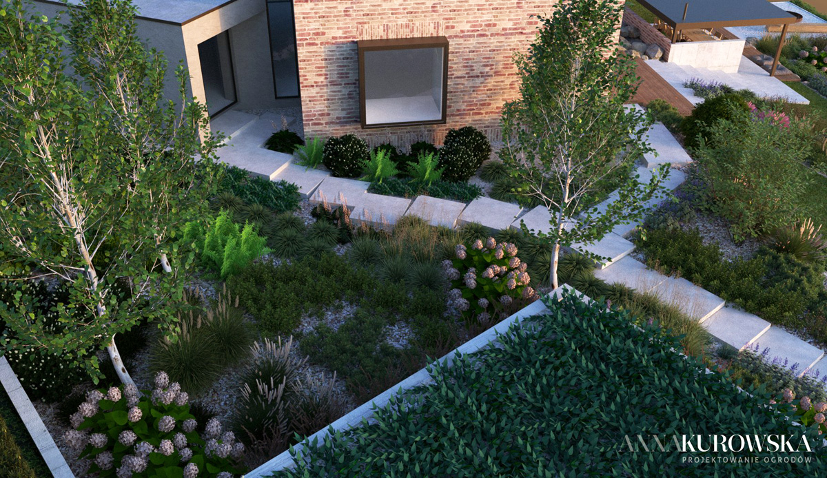 Projekt ogrodu na skarpie przy domku wakacyjnym na Mazurach