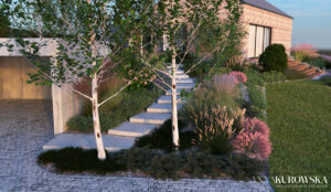 Projekt ogrodu na skarpie przy domku wakacyjnym na Mazurach