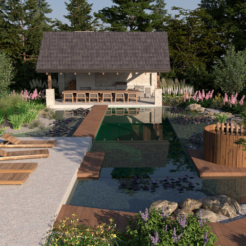 Projekt rustykalnego ogrodu ze stawem w centrum.