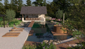 Projekt ogrodu w stylu rustykalnym z naturalnym stawem w centrum.