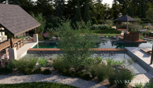 Projekt ogrodu w stylu rustykalnym z naturalnym stawem w centrum.