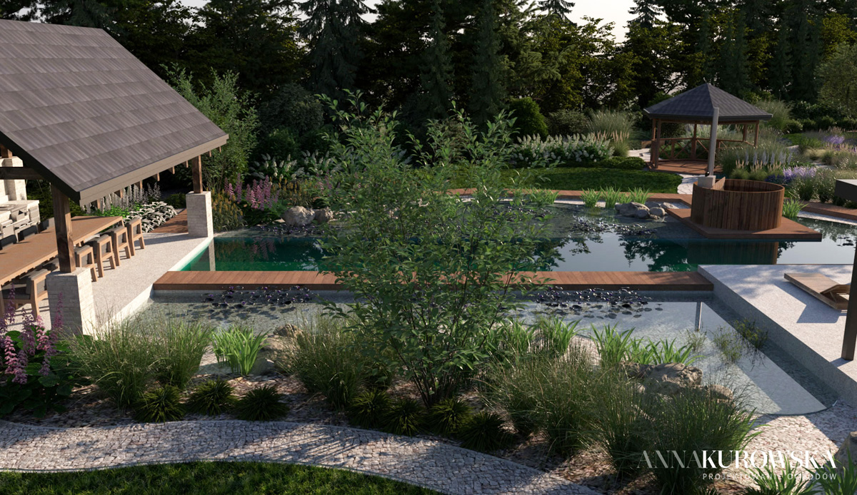 Projekt ogrodu w stylu rustykalnym z naturalnym stawem w centrum.