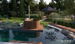 Projekt ogrodu w stylu rustykalnym z naturalnym stawem w centrum.