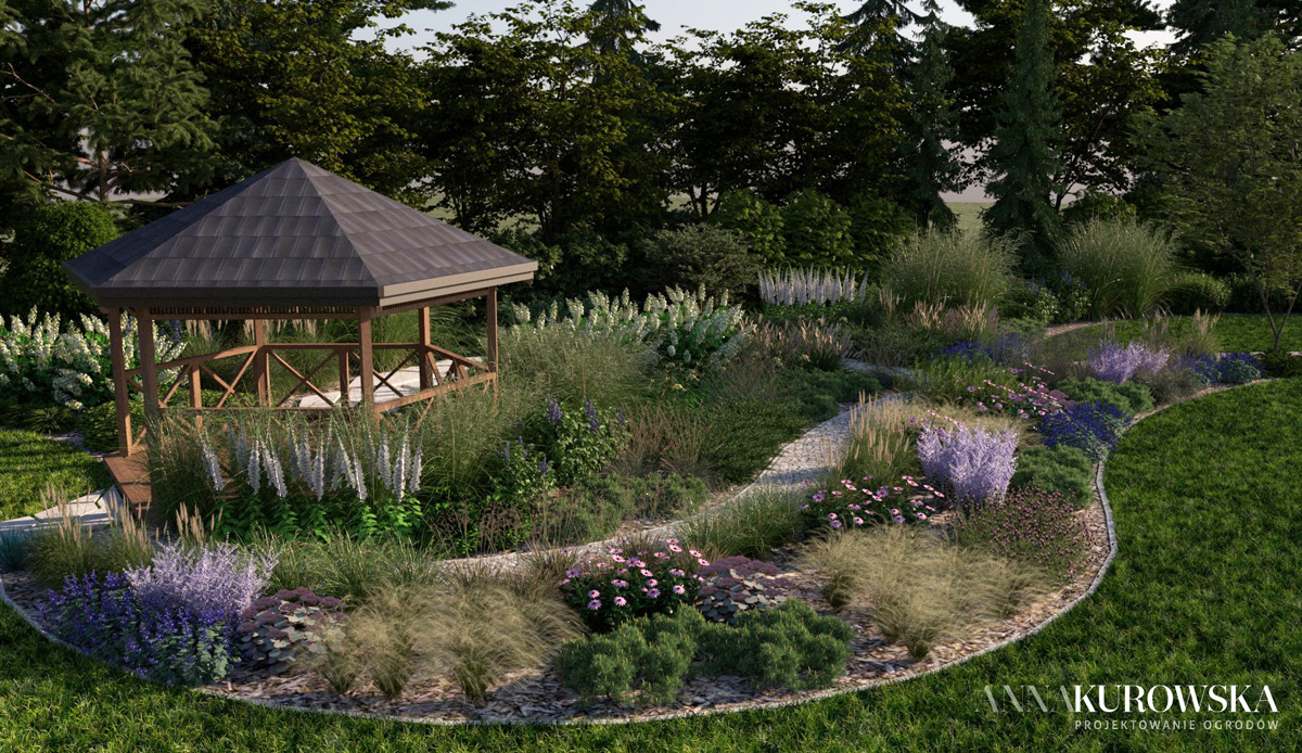 Projekt ogrodu w stylu rustykalnym z naturalnym stawem w centrum.