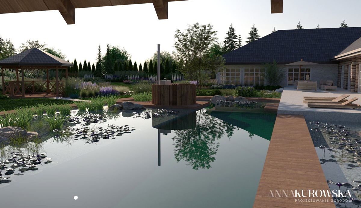 Projekt ogrodu w stylu rustykalnym z naturalnym stawem w centrum.