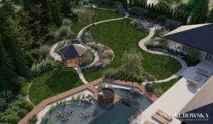 Projekt ogrodu w stylu rustykalnym z naturalnym stawem w centrum.