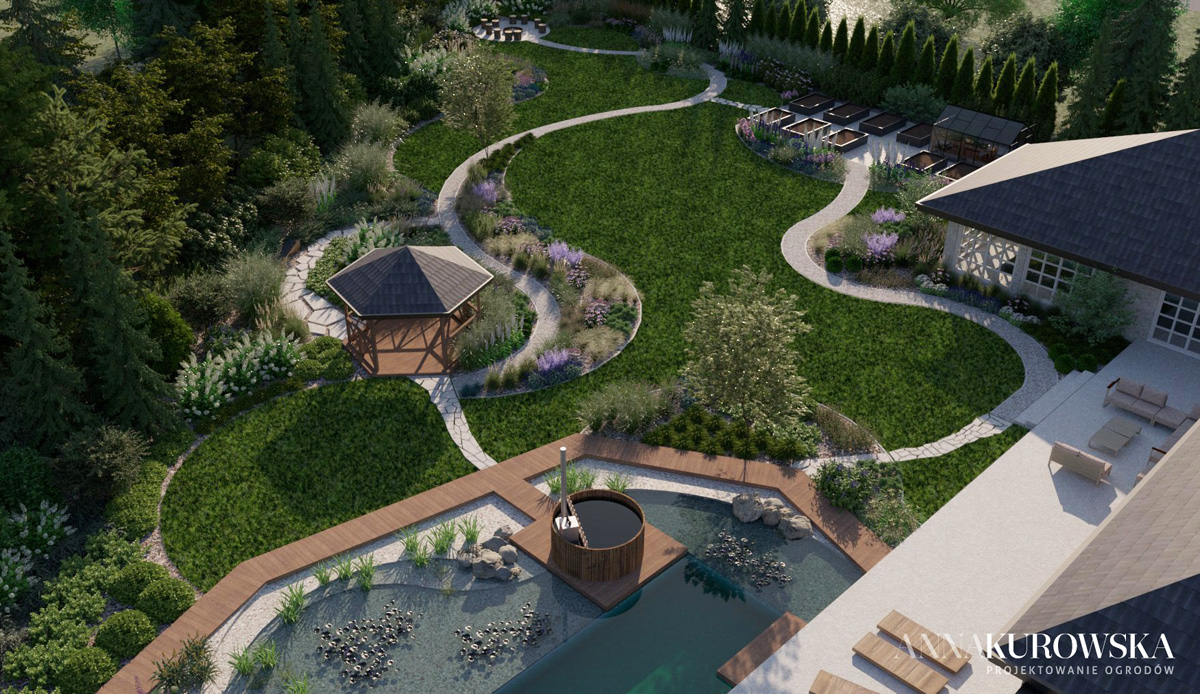 Projekt ogrodu w stylu rustykalnym z naturalnym stawem w centrum.