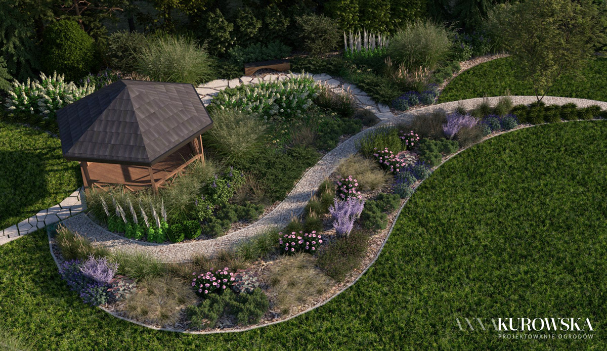 Projekt ogrodu w stylu rustykalnym z naturalnym stawem w centrum.