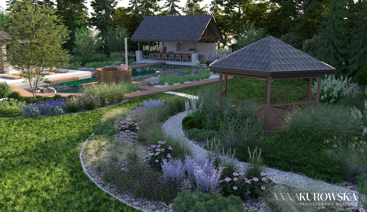 Projekt ogrodu w stylu rustykalnym z naturalnym stawem w centrum.