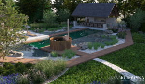 Projekt ogrodu w stylu rustykalnym z naturalnym stawem w centrum.