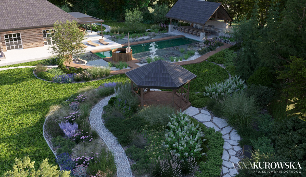 Projekt ogrodu w stylu rustykalnym z naturalnym stawem w centrum.