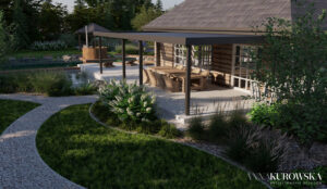 Projekt ogrodu w stylu rustykalnym z naturalnym stawem w centrum.