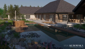 Projekt ogrodu w stylu rustykalnym z naturalnym stawem w centrum.