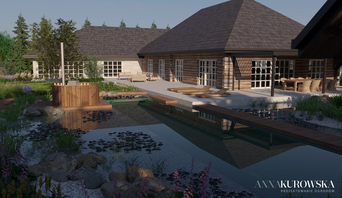Projekt ogrodu w stylu rustykalnym z naturalnym stawem w centrum.