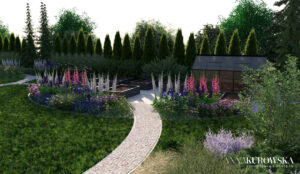 Projekt ogrodu w stylu rustykalnym z naturalnym stawem w centrum.